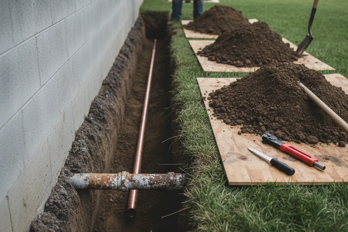 Excavated water line trench during Water Softener Installation in Croton